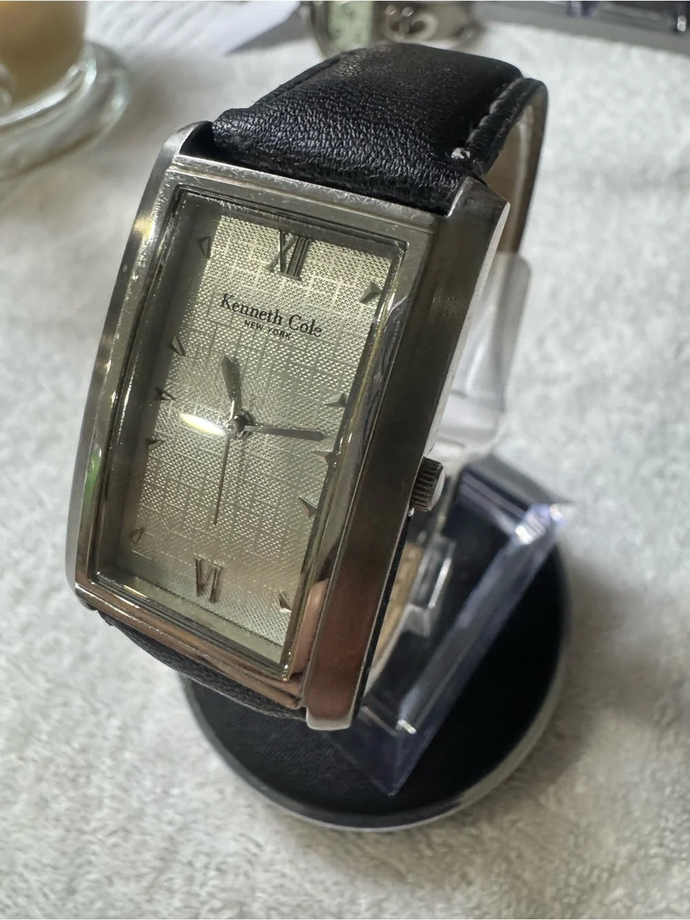 Kenneth Cole Silver Rectangular Case Watch with Black Leather Strap